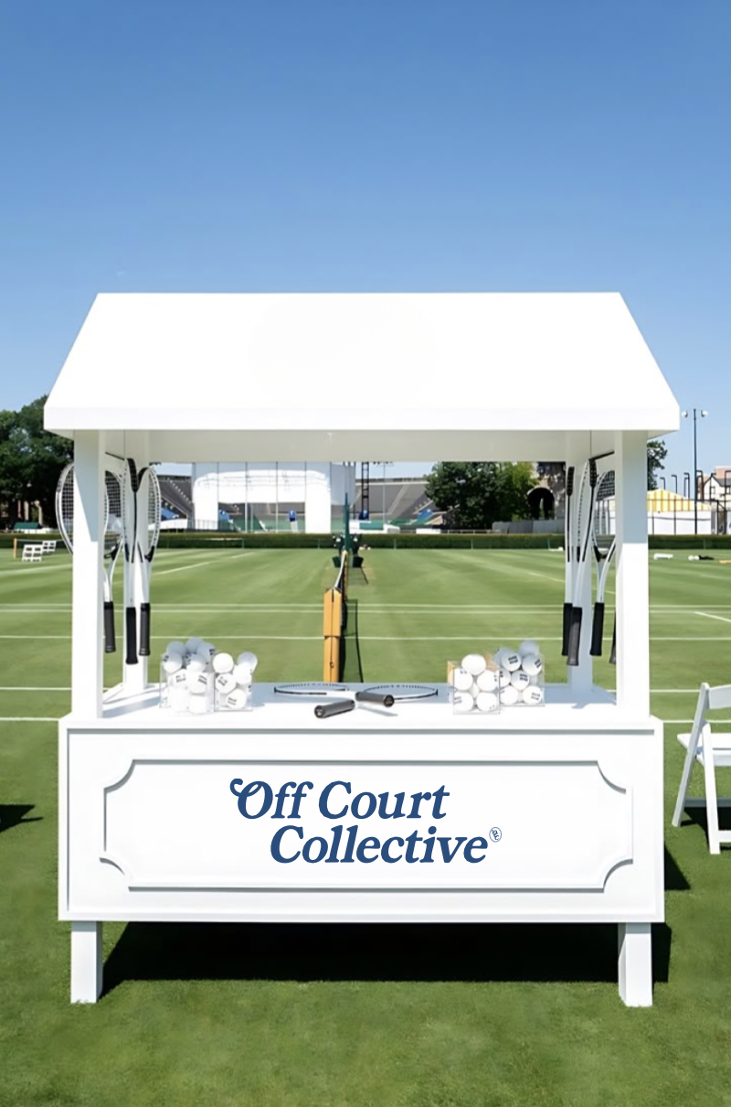 Off Court Collective branded kiosk on a grass court